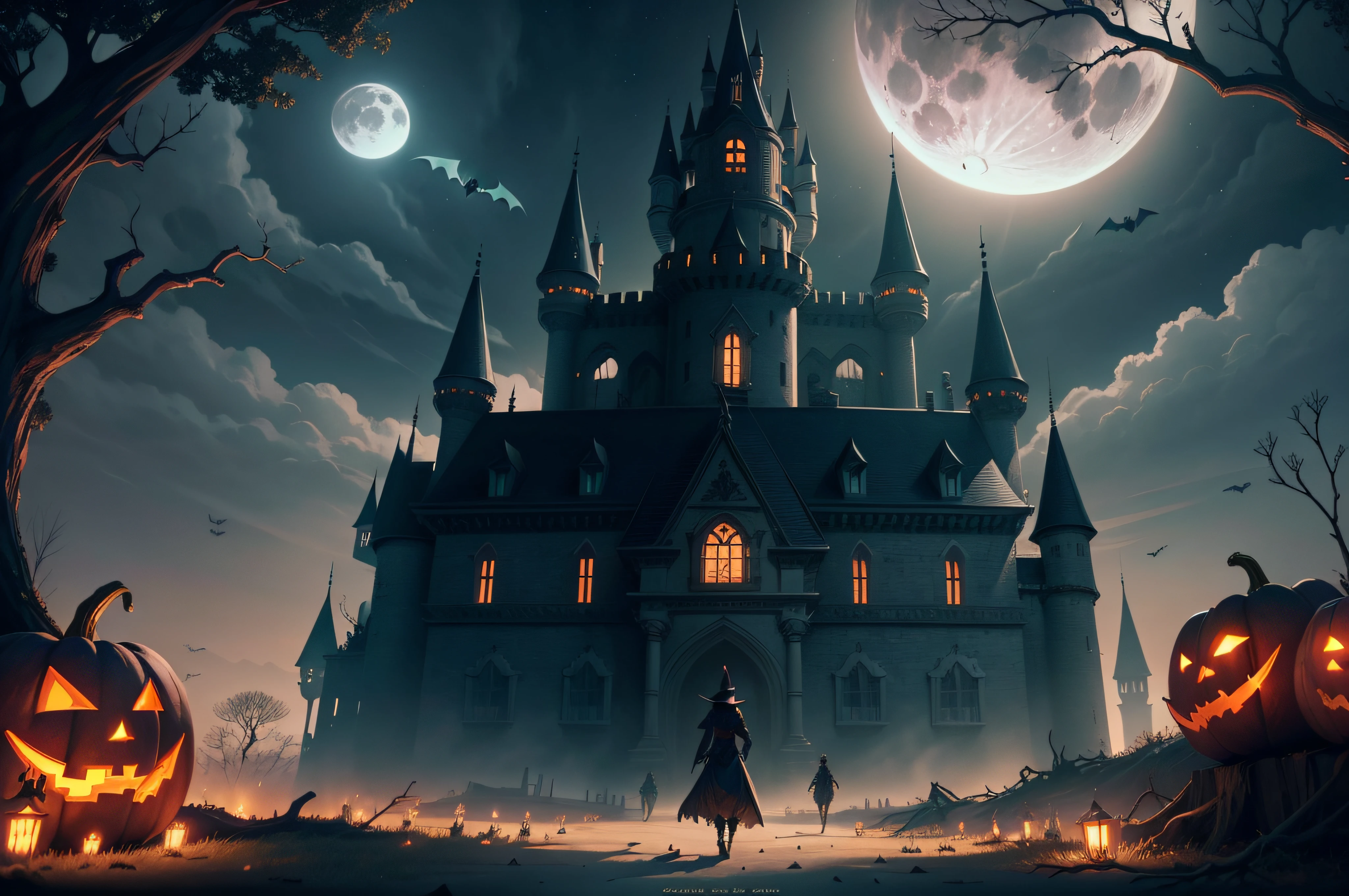 Moonlit Night Fantasy Fortress,Halloween Poster, pumpkins, the bats, withered huge branches, fullmoon, Ray tracing, Stacked chests, castle, Western castles、masterpiece、top-quality、top-quality、realisitic、8K
