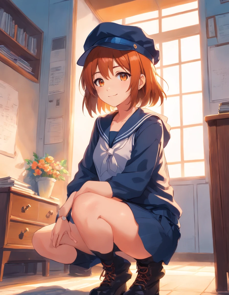 Full Focus:2.0、hightquality、masterpiece、absurderes、1girl in、detailed hairs、dark orange hair、straight haired、Beautiful and detailed eyes、Orange Eyes、pale-skinned、White background、rearing、Black schoolboy uniform、Student Cap、Detailed Student Cap、A smile、Photo from the waist up、Focus hat and chest of drawers、Student Cap、Platform boots、Floral platform boots
