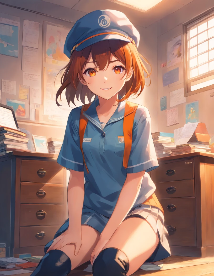 Full Focus:2.0、hightquality、masterpiece、absurderes、1girl in、detailed hairs、dark orange hair、straight haired、Beautiful and detailed eyes、Orange Eyes、pale-skinned、White background、rearing、Black schoolboy uniform、Student Cap、Detailed Student Cap、A smile、Photo from the waist up、Focus hat and chest of drawers、Student Cap、Platform boots、Floral platform boots