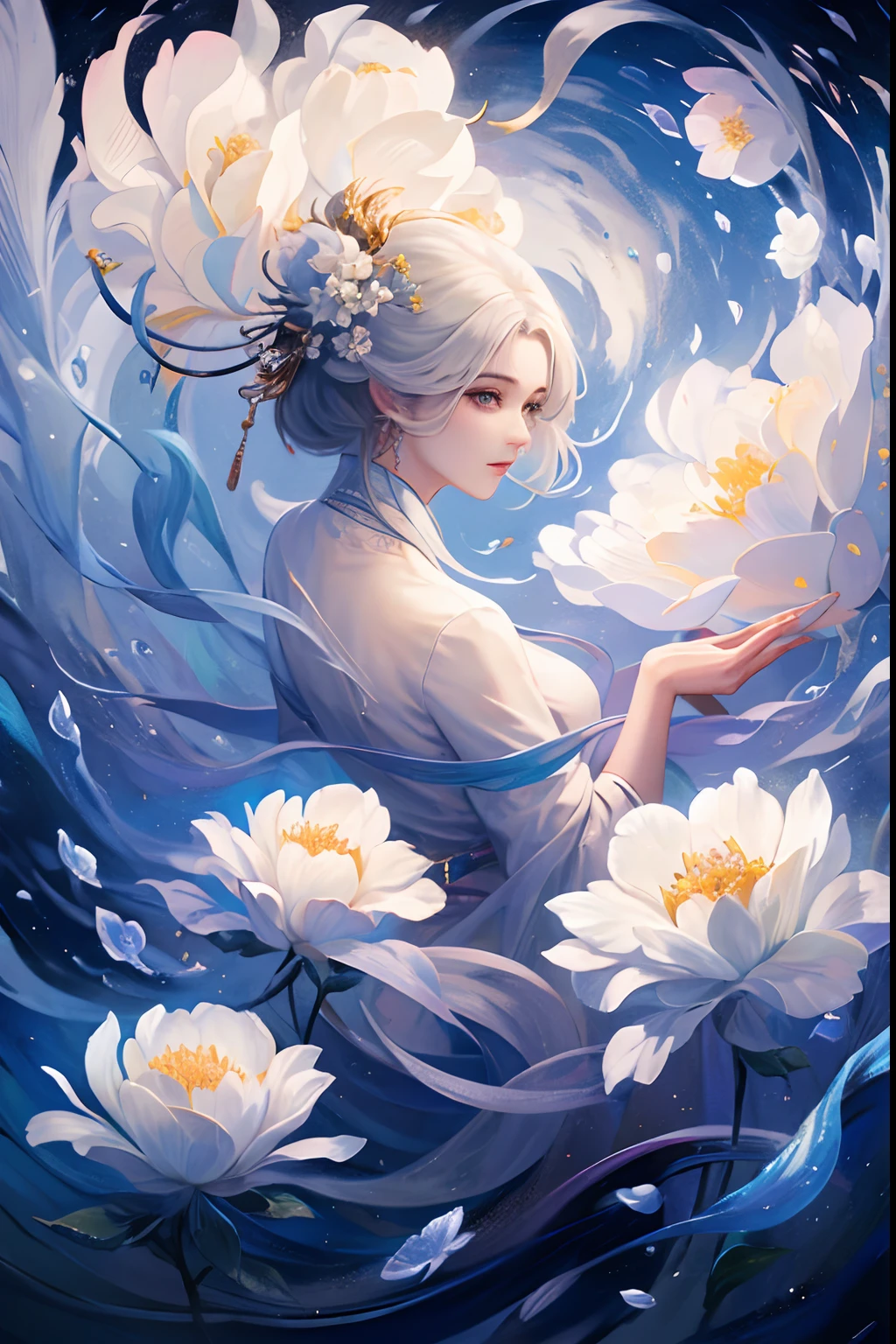 [Tarot cards:1.4]，Kizi，full bodyesbian，baiyun，Clouds，Thick white clouds，Fold your hands，Flowers bloom，（Extremely detailed:1.1），tmasterpiece，super-fine，best qualtiy，8K