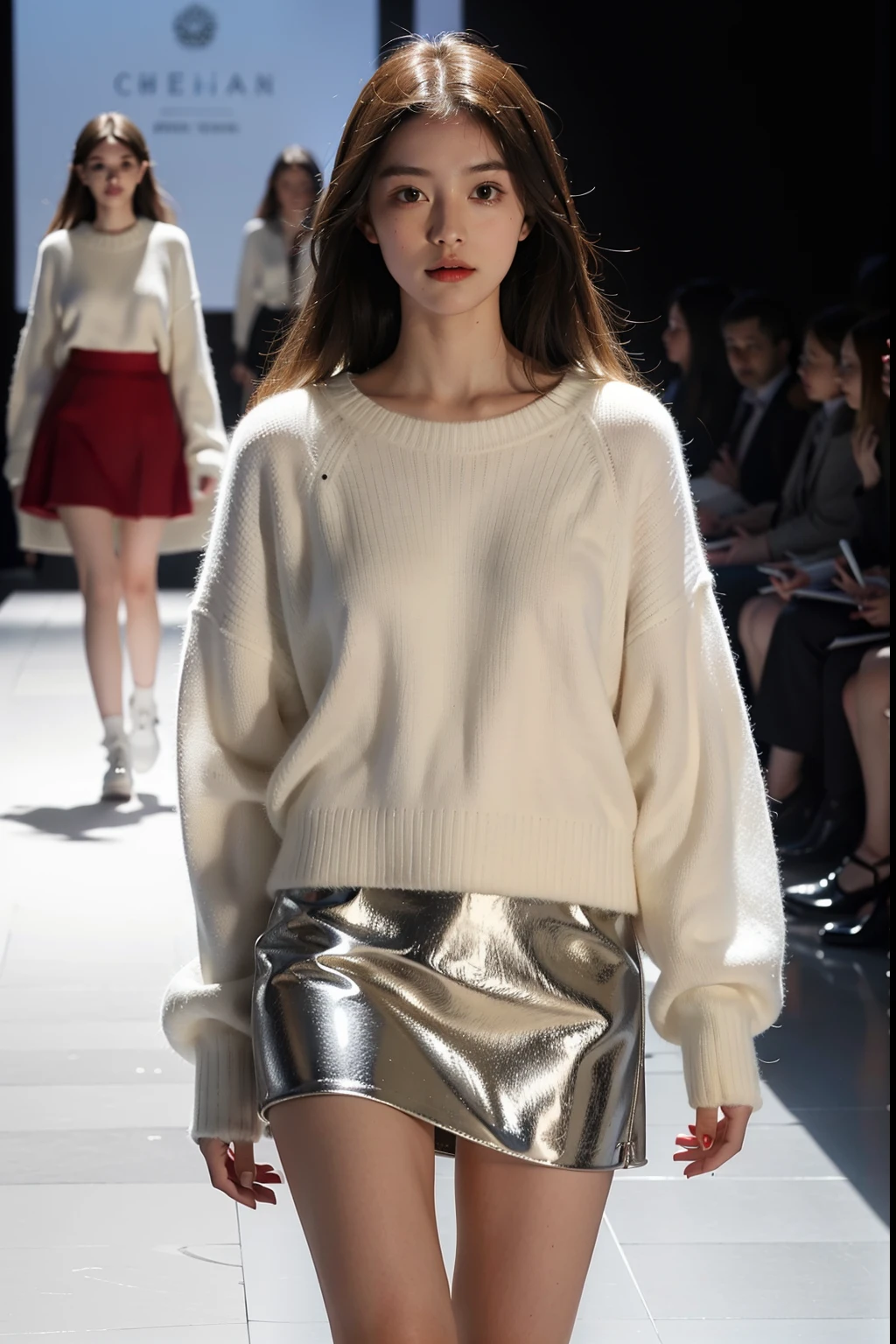 1girll,On the catwalk,Wear a white sweater,Red skirt,The texture of the sweater is clear