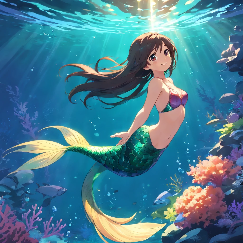 (absurd resolution:1.2), (best quality:1.3), mermaid, mermaid tail, long hair, swimming, smile, masterpiece, (Ultra detailed eyes), underwater, coral, (Best Lighting:1.4), (best shadow:1.4), sunlight, air bubble,