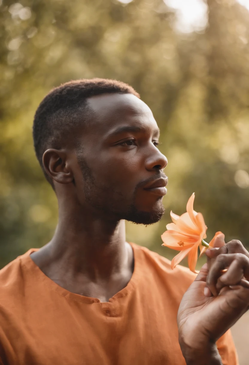 an African man holding a flower in his hand, in the style of dark orange and light orange, minimalist beauty, self-portraits, genderless, acrobatic self-portraits, dappled, sharp focus --ar 31:39