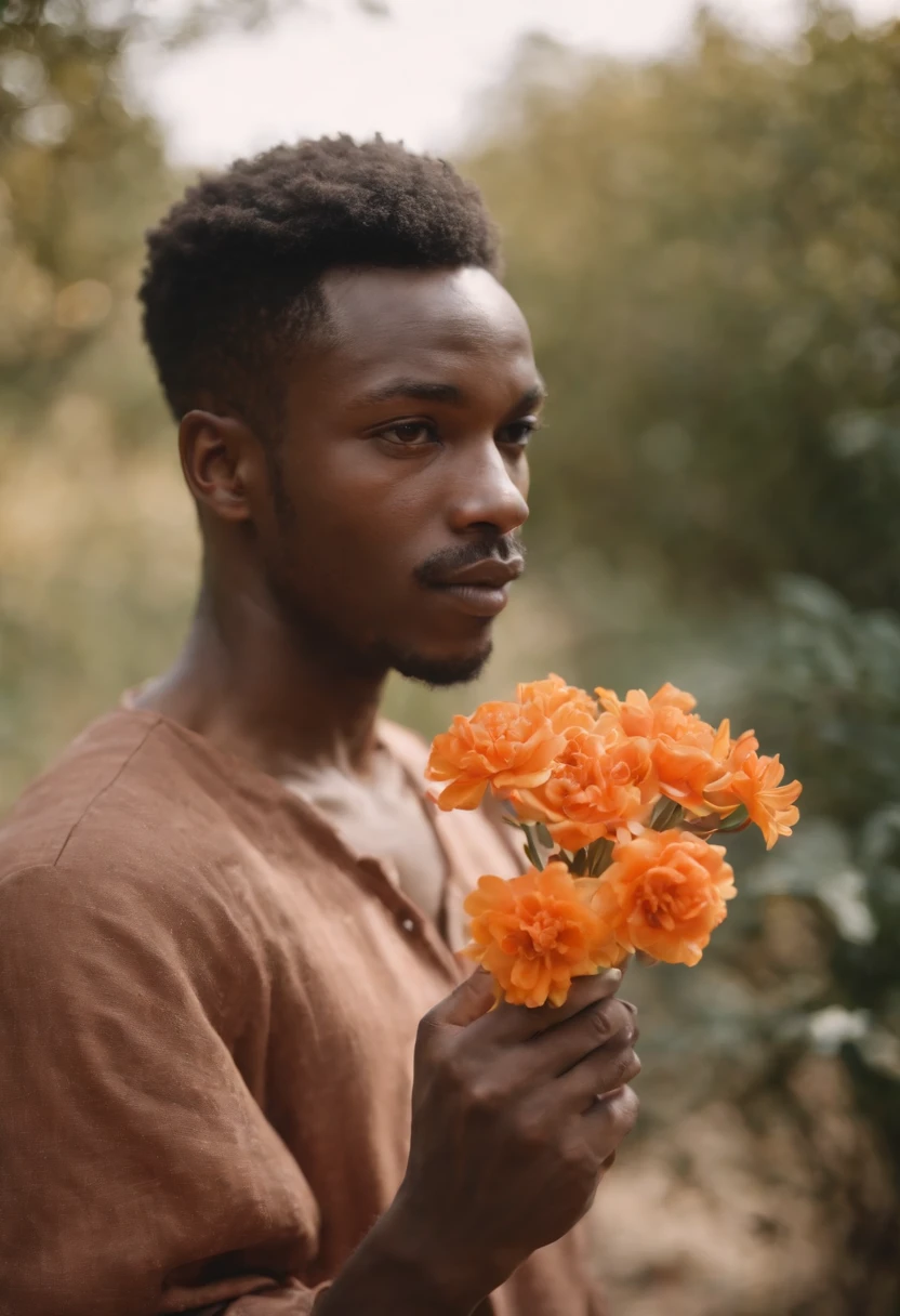 an African man holding a flower in his hand, in the style of dark orange and light orange, minimalist beauty, self-portraits, genderless, acrobatic self-portraits, dappled, sharp focus --ar 31:39