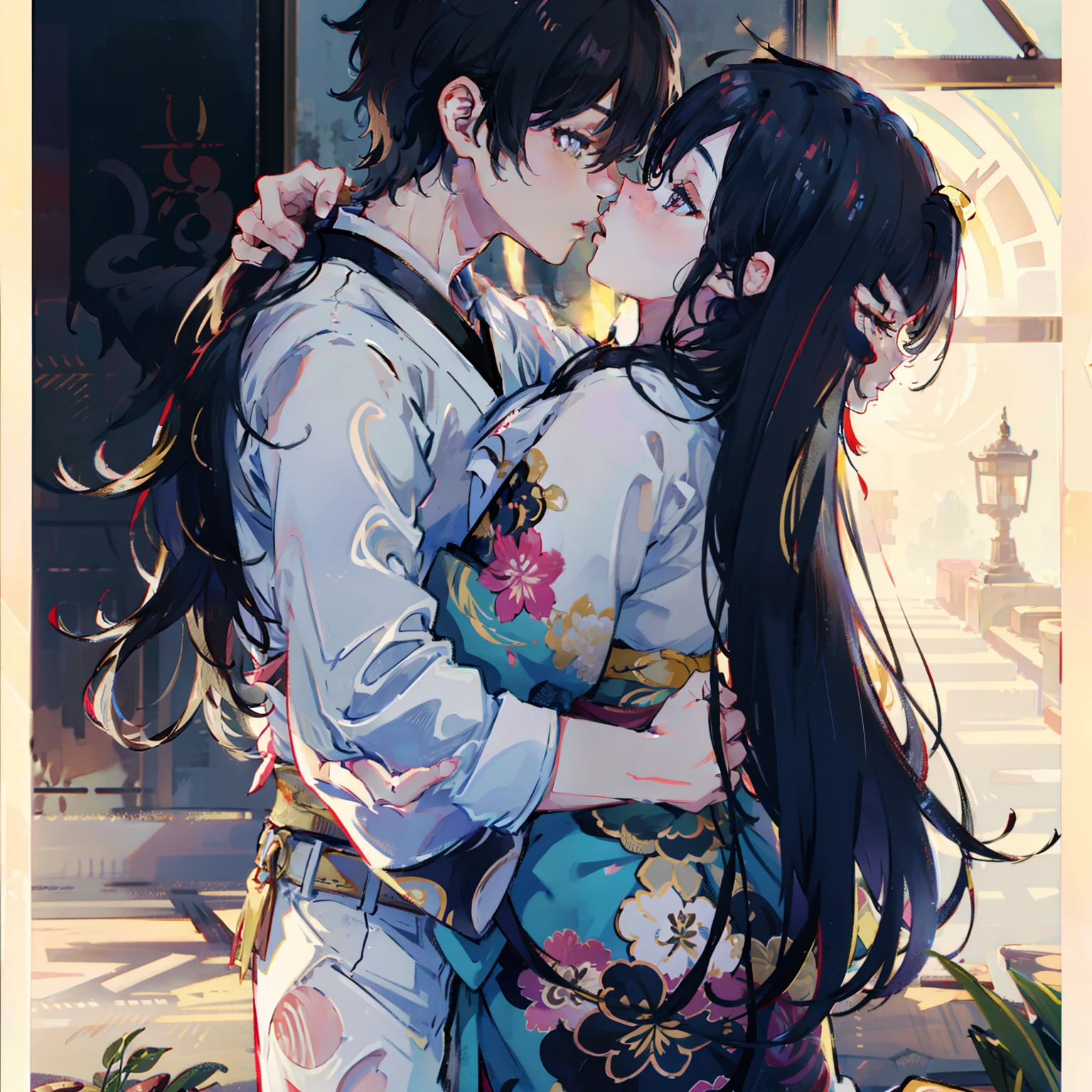 (1girl and 1boy),(both in kimono),(kissing)
