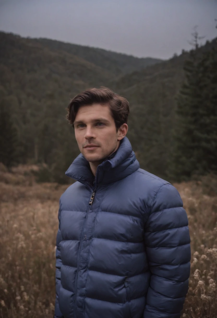 the 3d image of a man wearing a puffer jacket, in the style of nature-inspired
forms, primitive forms, light purple and indigo, toyen, sharp/prickly, symbolic
still lifes, luminous skies --ar 35:44