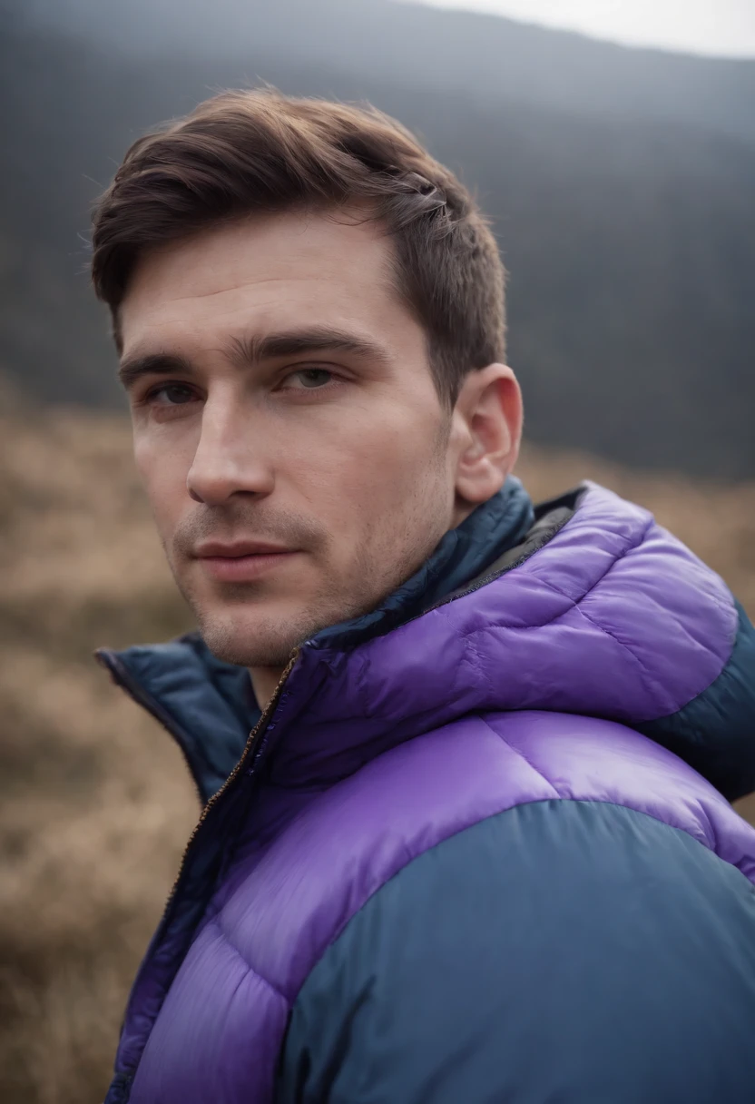 the 3d image of a man wearing a puffer jacket, in the style of nature-inspired
forms, primitive forms, light purple and indigo, toyen, sharp/prickly, symbolic
still lifes, luminous skies --ar 35:44