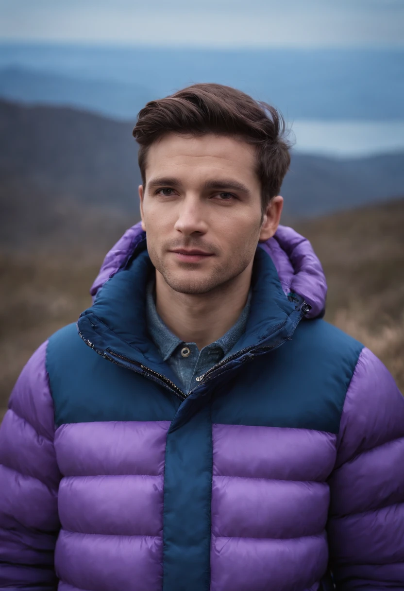 the 3d image of a man wearing a puffer jacket, in the style of nature-inspired
forms, primitive forms, light purple and indigo, toyen, sharp/prickly, symbolic
still lifes, luminous skies --ar 35:44