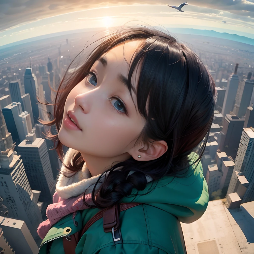 Woman looking up、from the front side、(birdseyeview)