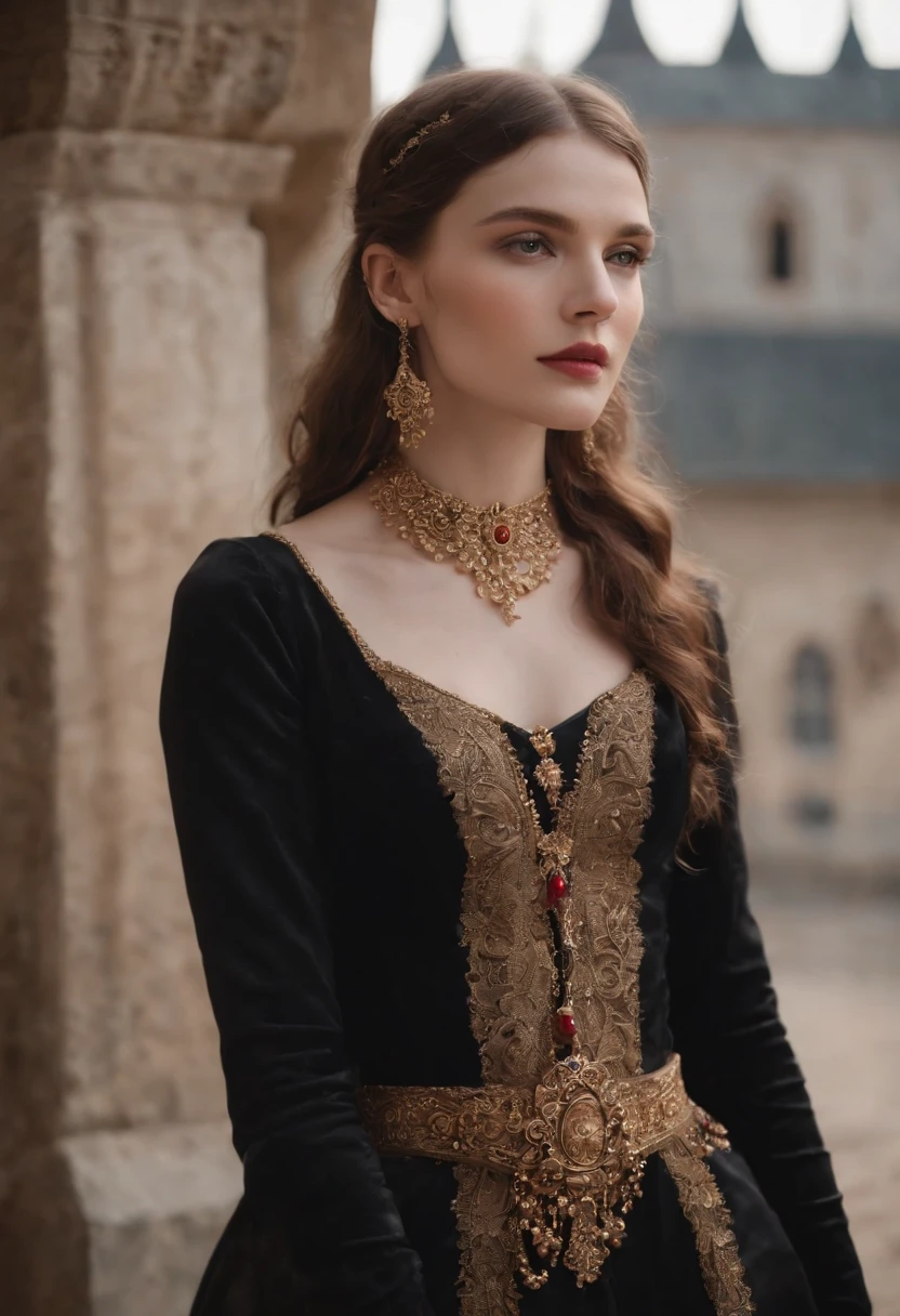 model on the runway wearing a black gown, in the style of baroque-inspired details, metalwork jewelry, folk/naïve:, dark gold and red, intense close-ups, simple and elegant style, high-keyed palette