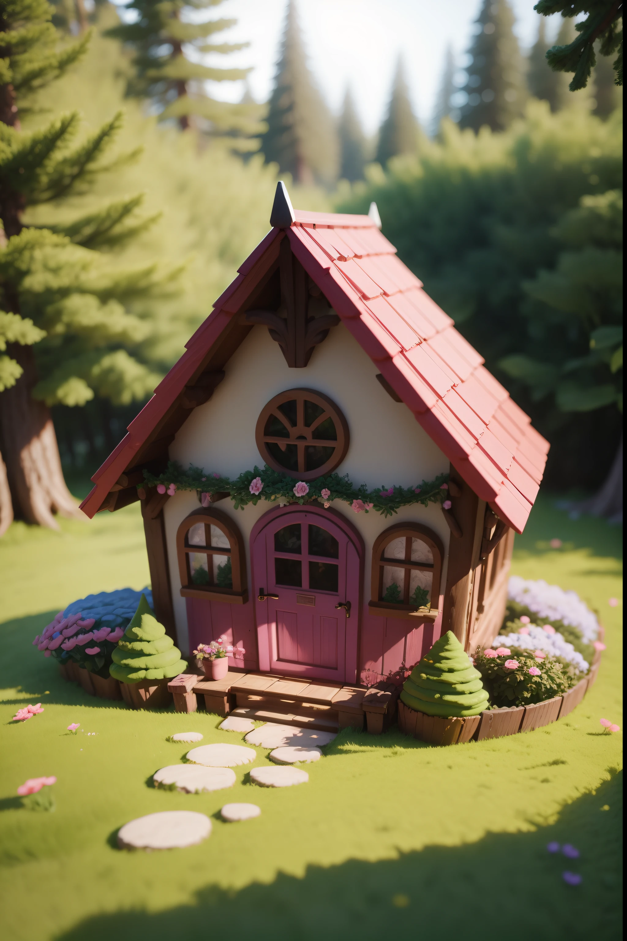 Magical forest chalet,fresh flowers,in pink,Meadow forest scene,Full-size 3D,clay,highly detailed,claymation style,tmasterpiece,super detailing,best qualtiy, --v6