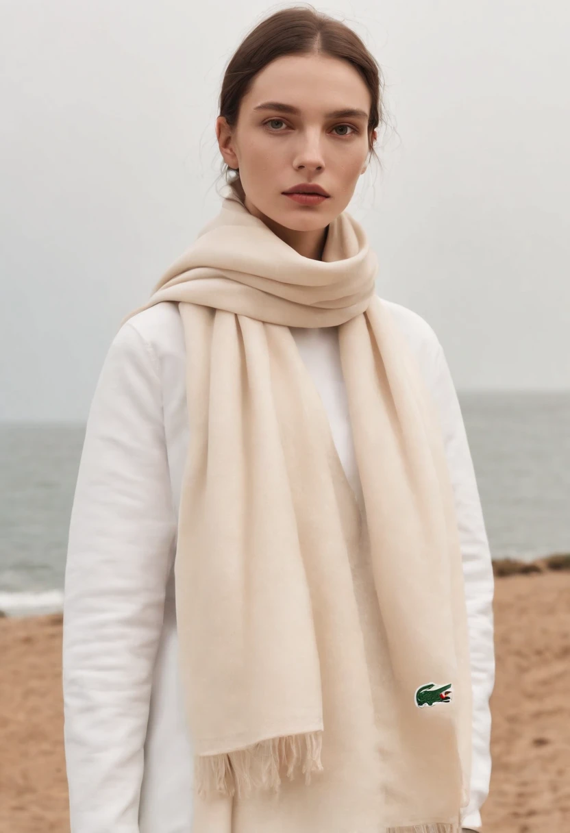 white Lacoste scarf, in the style of nicole eisenman, light beige, photorealistic detail, vintage aesthetics, warmcore, pure color, melting --style raw --ar 16:9
