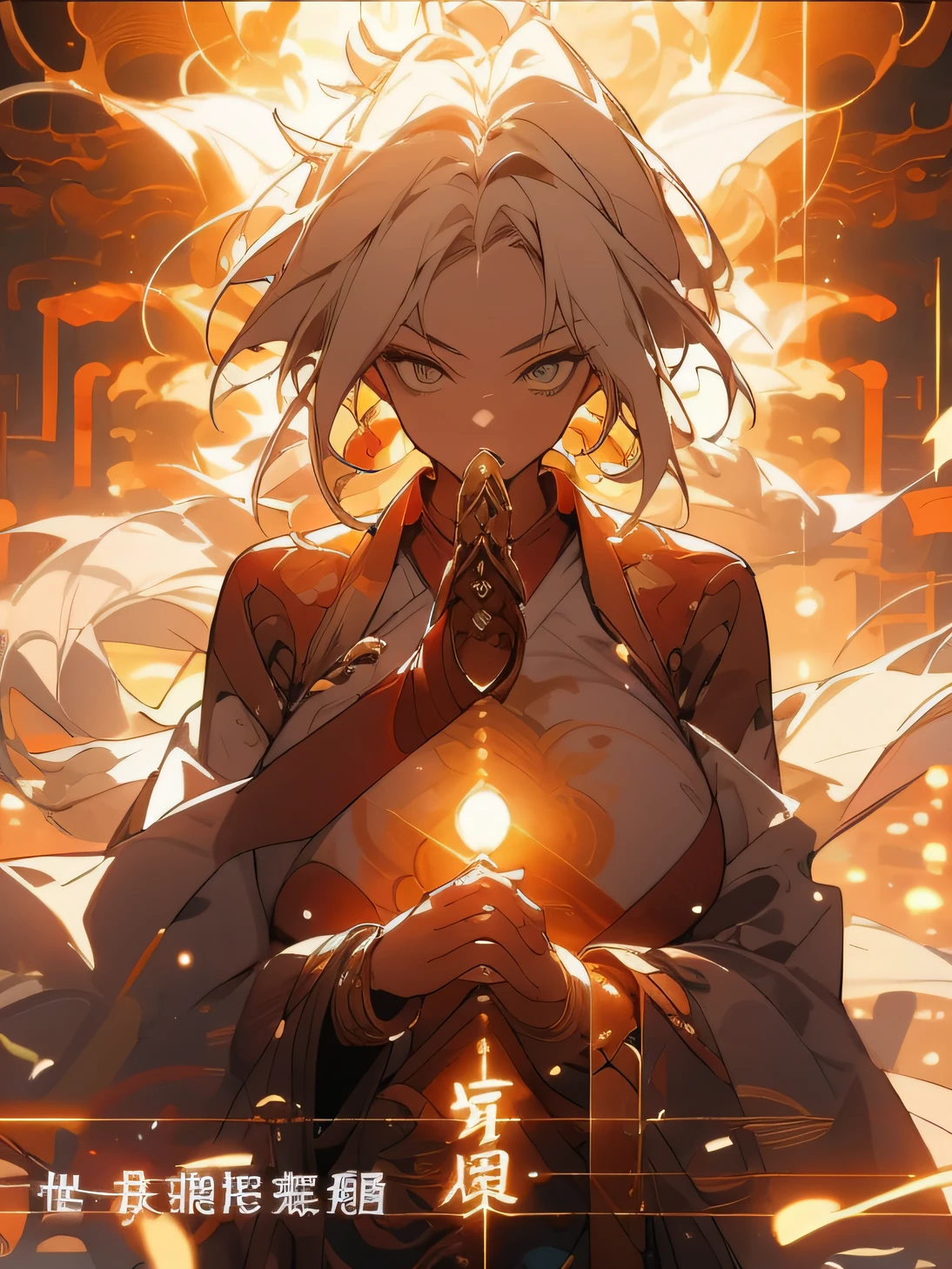 ((tmasterpiece,Need)),1girl,((A MILF)),(huge tit),Long hairs,Flutter,hair adornments,(Hanfu),((Feather sweater)),(夏天),(Dragon Girl), rays of sunshine, (detailedlight), lamplight, (colorful), looking at viewert, Chinese style architectural background, characteristic,(blooms), (shine) Put four words down on the screen(Tenji Fu Ming)