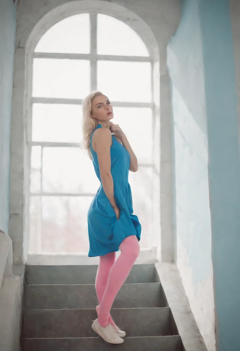 On futuristic hotel stairs, singer diana rosette posing in blue high tops and pink tights in her studio, in the style of aron demetz, gothic futurism, daria endresen, cabincore, deconstructed tailoring, colorful animation stills, bertil nilsson