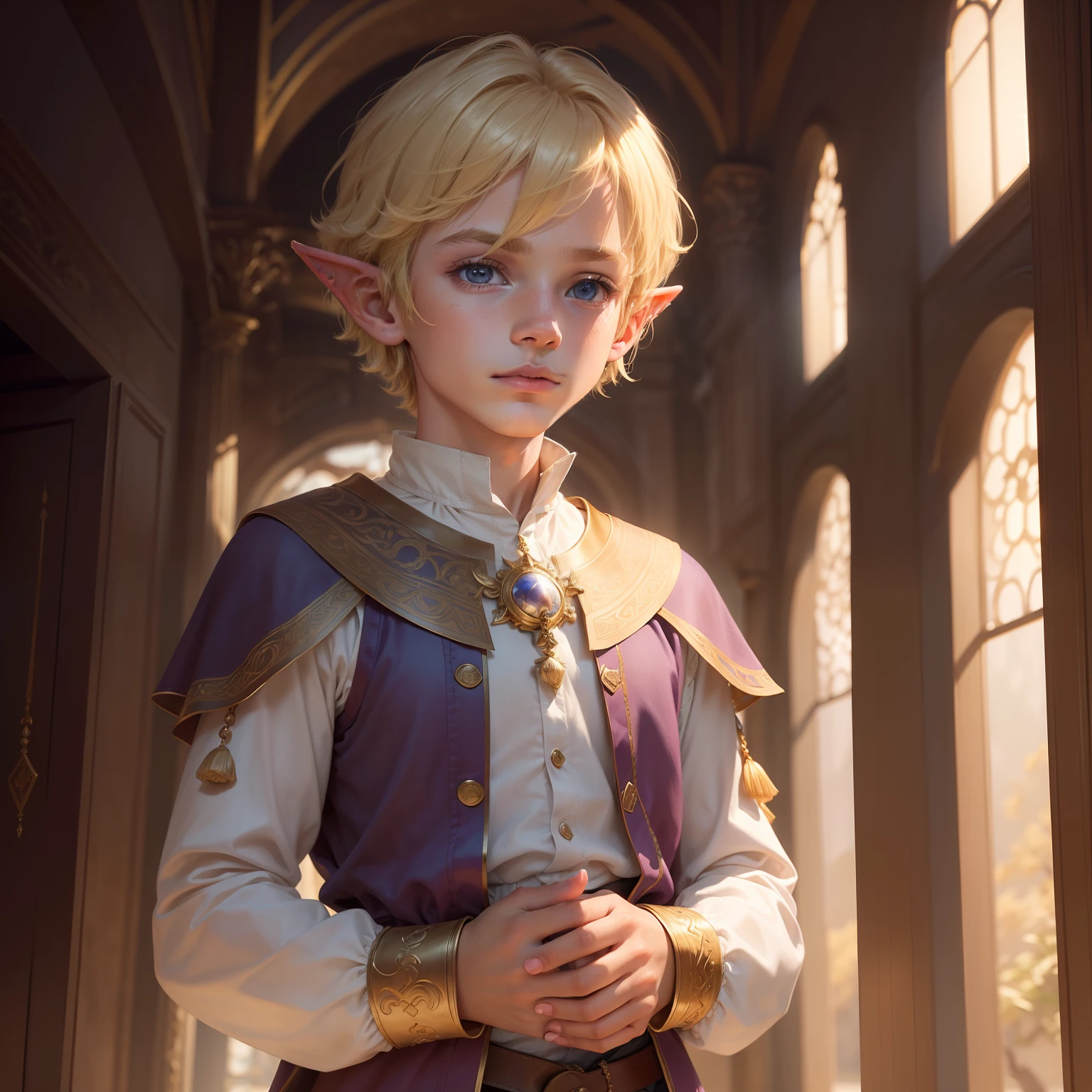 (1 boy),Adonis,12year old,(Bob Hair 1.2）,An ultra-high picture quality,Realistic,​masterpiece,a blond,Beautiful fece,fleeting,Fantasia,Elven tribe,(Clothes with long sleeves),look up to,