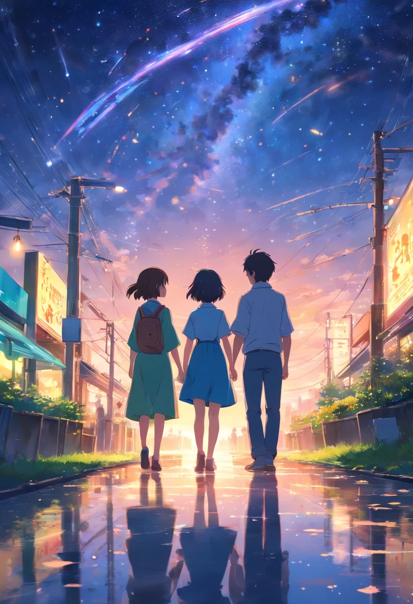 masterpiece, best quality,  boy and girl, starry night after dawn, a few sunahine afrer sunset, full stars on sky, meadow at border of city