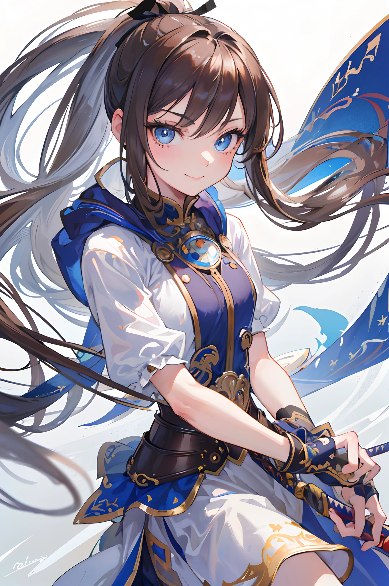 (best quality:1.2,8k,highres,masterpiece:1.2),1girl,solo,brown hair,beautiful detailed smile,blue eyes,vivid colors,high quality artstyle,ultra-detailed,realistic:1.37,quality shadows,HDR,ultra-fine painting,long eyelashes,professional,ponytail,[Fairy tail],[Katana],silver armor