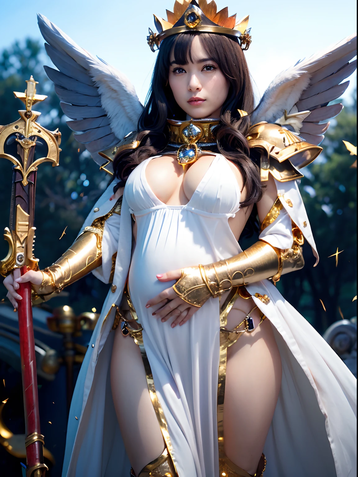 (Pregnant)、Professional , masterpiece、top-quality、photos realistic , depth of fields 、(A dark-haired) 、(Gemstone White Metal Body:1.4),(Matte White、(Angel wings grow)、Jewel Gold Weapon(Jewel Metal Body:1.4),Gorgeous metal weapons ,(( Detailed and gorgeous sword of the brave)) ,Light Effects、intense fighting、Wind-effect、magic circles、 (A dark-haired) ,warhammer 40k ,Detail and ornate jewel crown、((Micro Bikini Armor))、((Gangle's forest background))、Beautiful Caucasian beauty、1a person、dynamic ungle,(((Detailed and ornate diamond crown)))、Smaller head、A smile、Background inside the castle、Thin and beautiful female hands、cleavage of the breast、Soldier in iron armor on background、Mystical expression、Light Effects、intense fighting、Wind-effect、magic circles、With the legendary magic wand、(wings of light)、Toostock、Anatomically correct body、
