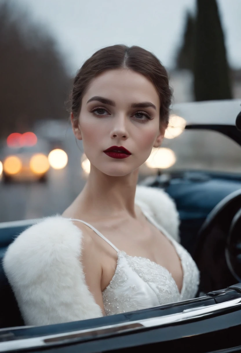 diana drew with fluffy white costume, in lizzy lee's car with all the lights on, with cigarette in hand, in the style of sculptural costumes, white and dark blue, Mort Artist, carolina herrera, halloween, furry art, tom bagshaw, minimalist, magazine style