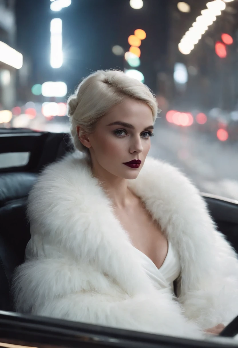 diana drew with fluffy white costume, in lizzy lee's car with all the lights on, with cigarette in hand, in the style of sculptural costumes, white and dark blue, Mort Artist, carolina herrera, halloween, furry art, tom bagshaw, minimalist, magazine style