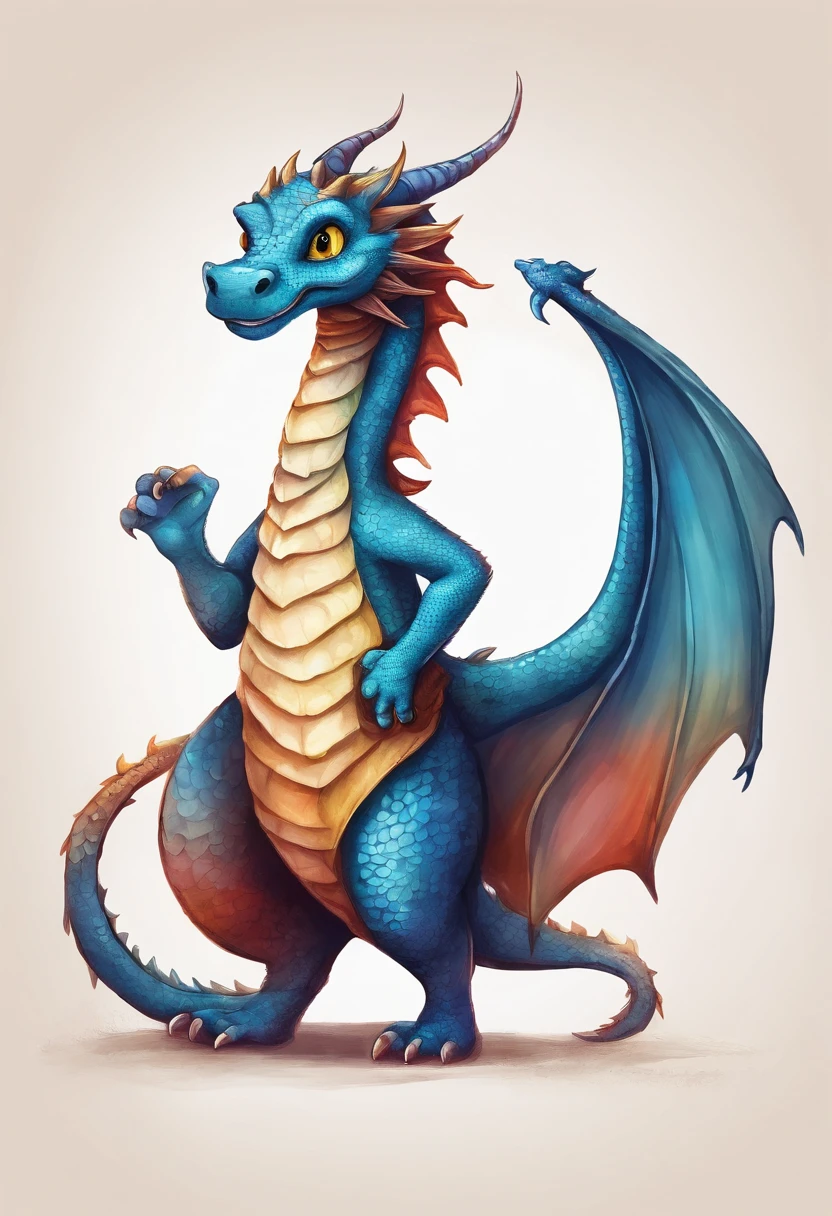 Make a children's book-style drawing of a cute little anthropomorphic dragon with long wings and tail. Ele tem escamas coloridas, big eyes and is smiling. The dragon is wearing a blue sleeveless blouse and red shorts. The clothing is the right size for your body. He is standing on two legs with his arms up in a cheerful pose. The background is a white square. The illustration is colored in the style of cartoon or watercolor. The dragon has many details, is very cute and is learning to dress, The dragon has to be selling an outfit, ele tem que estar vestindo uma camisa.