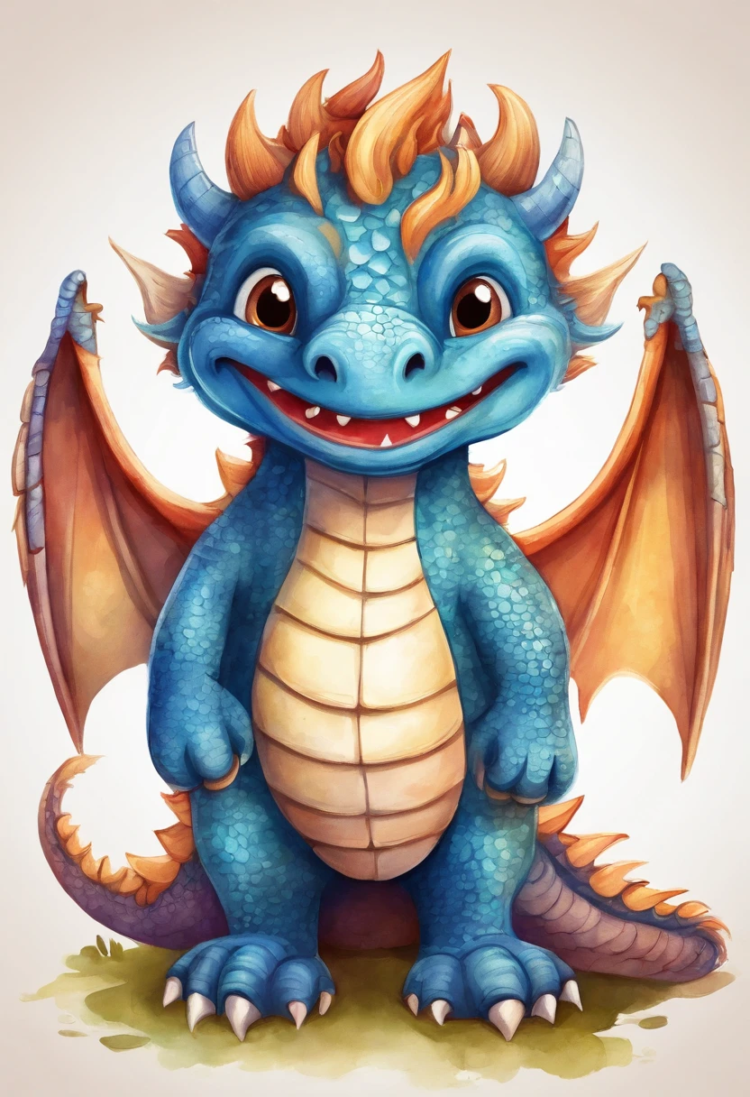 Make a children's book-style drawing of a cute little anthropomorphic dragon with long wings and tail. Ele tem escamas coloridas, big eyes and is smiling. The dragon is wearing a blue sleeveless blouse and red shorts. The clothing is the right size for your body. He is standing on two legs with his arms up in a cheerful pose. The background is a white square. The illustration is colored in the style of cartoon or watercolor. The dragon has many details, is very cute and is learning to dress, The dragon has to be selling an outfit, ele tem que estar vestindo uma camisa.