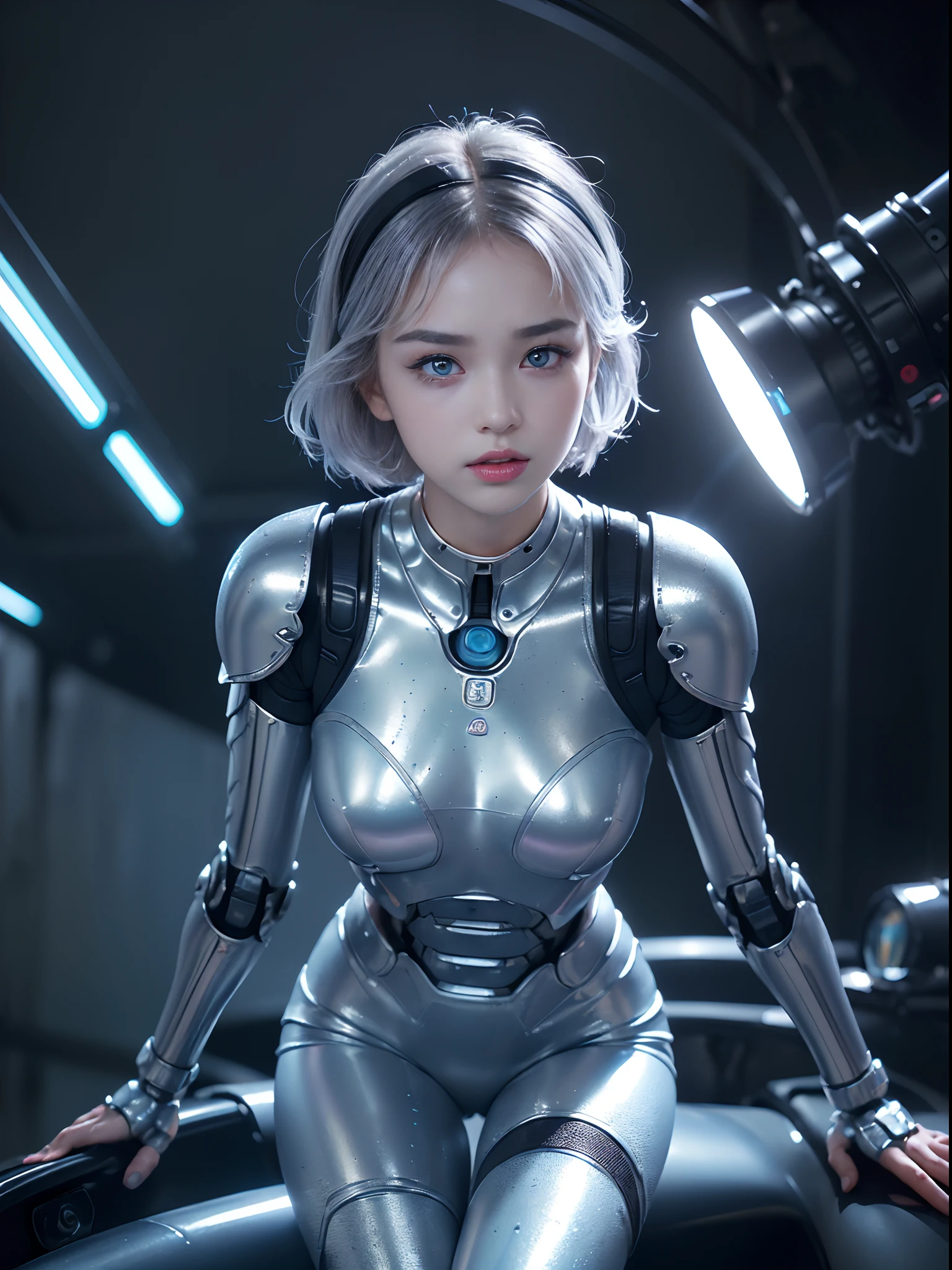 the best ever、8K,(((full body Esbian)))、(((The sheen)))、(((metalic)))、(((Very shiny、Very hard polished iron armor)))、(((cyberpunked)))、The cute beauty of the mecha(Best Quality, Detailed details, masutepiece, , 8K, Chiaroscuro，Great in good shape、Bust photos are ultra-realistic and realistic, Highly detailed Hasselblad RAW shooting )、(((Beautiful and shining natural eyes)))、(((Human skin type)))、（((Highly photorealistic human beings)))、(perfectly round eyes)、(((The details of the iris of the pupil are very amazing)))、(((Shining eyes)))、accurate fingers、Limbs without breakdowns、(((Face of Caucasian 10 year old girl)))、(((Very fair skin)))、Naturally closed mouth、Staring eyes、Natural body、(((a baby face)))、(((Caucasian cool high nose at the base)))、(((Skin types of humane Russian girls)))、(((Very cute female face)))、Feminine body、a small face、(((soft cheeks)))、Looking at the camera、Balanced face、(((drooing eyes)))、(((Beautiful drooping eyes)))、Body with human-like proportions、(((Slightly longer arms)))、(((Slightly longer arms)))、(((long neck)))、Normal shoulder width、((Long below the knee))、(rather long torso)、(((slightly larger hands)))、human face、(((Glowing blue-violet light blue silver hair)))、(((Cool and cute short-cut hair)))、(((The background is the future)))、(((8 Head Body)))、(((Luminescent light purple eyes)))、(((Thin thin silver eyebrows)))、(((Thin eyebrows)))、(((Looking at this)))、(((Gentle face)))、((Background Mecha))、bladerunner、((RoboCop))、Ghost in the Shell、tron、(((Space Detective Gavan)))、Swat、police officers、(((Night background)))、(((No makeup)))、(((Hollywood Science Fiction Movie Lighting))、(((5000 AD)))、Height 164cm、Leg length 82cm、the length of the head is 20 cm、Lung-hsin,Very subtlyＸan legs、(((Cool pose)))、evangerion、Ayanami、(((murky)))、(((Combat readiness)))、Attack Pose、cyborgs、Artificial human、（((Extremely elaborate joints)))、(((Light blue silver eyelashes)))、(((very thin eyebrows)))、(((very brightly colored eyebrows)))、Precise and precise five-fin