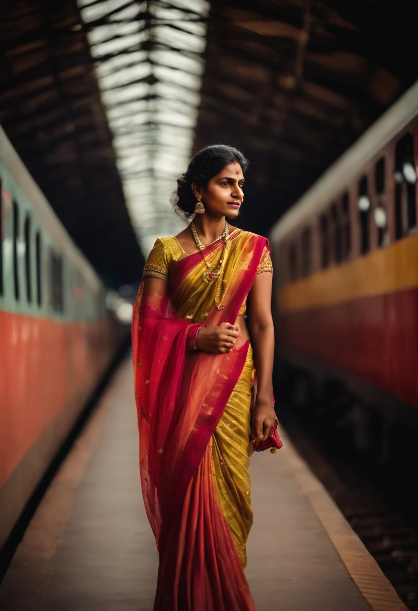 A portrait of a women with saree, walking on the platform of railway station in india, walking beside the train, cinematic, realistic photo, very detailed