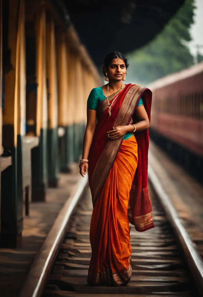 A portrait of a women with saree, walking on the platform of railway station in india, walking beside the train, cinematic, realistic photo, very detailed