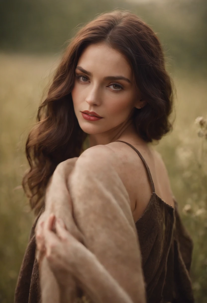 an evocative portrait of a dark haired woman by tj drysdale, award winning photography, wounded expression and protective pose, resolve in stunning eyes, cinematic + dramatic portrait,, tragic + heartwrenching, 16k --ar 3:2