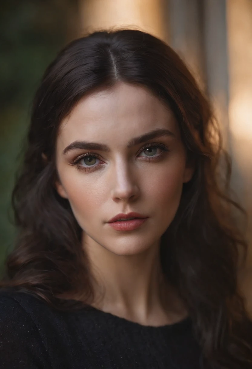 an evocative portrait of a dark haired woman by tj drysdale, award winning photography, wounded expression and protective pose, resolve in stunning eyes, cinematic + dramatic portrait,, tragic + heartwrenching, 16k --ar 3:2