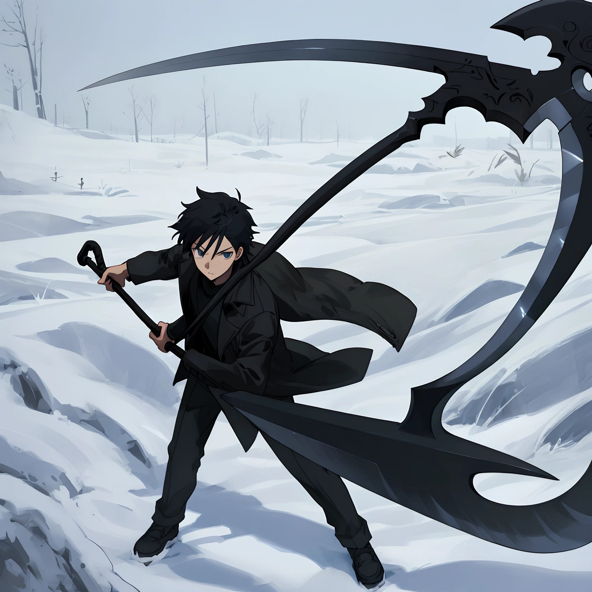 A guy in modern outfit, black jacket, teen boy, anime, holding a scythe, weapon scythe, cold, dark