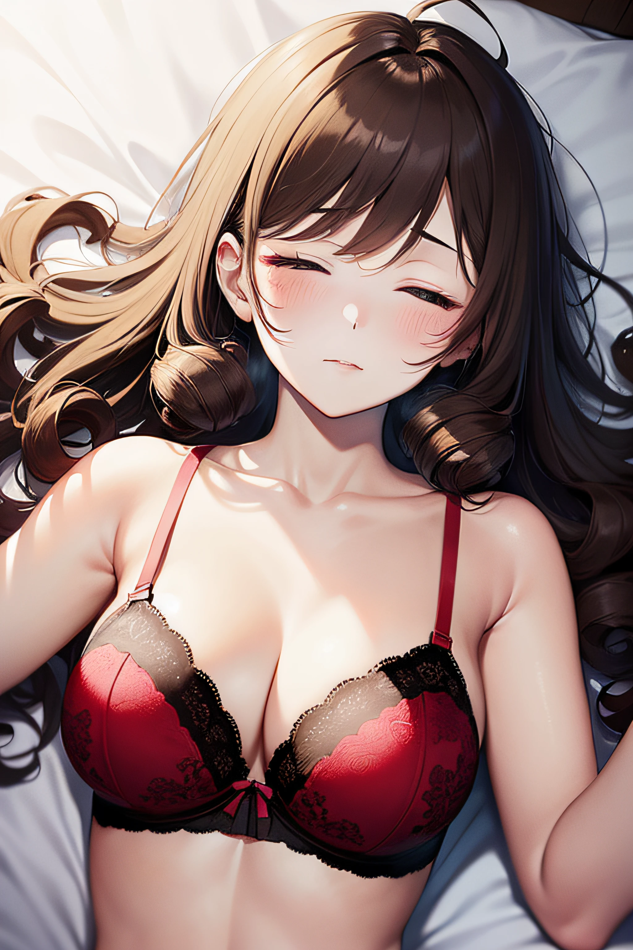 ((masterpiece, best quality, highres, UHD, perfect pixel, depth of field, 4k, RTX, HDR))), 1girl, single, solo, beautiful anime girl, beautiful artstyle, anime character, 24 years old, ((long hair, bangs, dark brown hair, messy hair:1.75, curly hair:1.2)), ((detailed face, blushing:1.2)), ((smooth texture:0.75, realistic texture:0.5, anime CG style)), ((medium breasts, cleavage)), indoor, bedroom, dynamic angle, busty, perfect body, ((fall asleep on the bed, supine, closed eyes, wake up)), ((close up, POV, cute, shot on face, sighing expression)), ((maroon bra color, maroon lingerie)), natural light