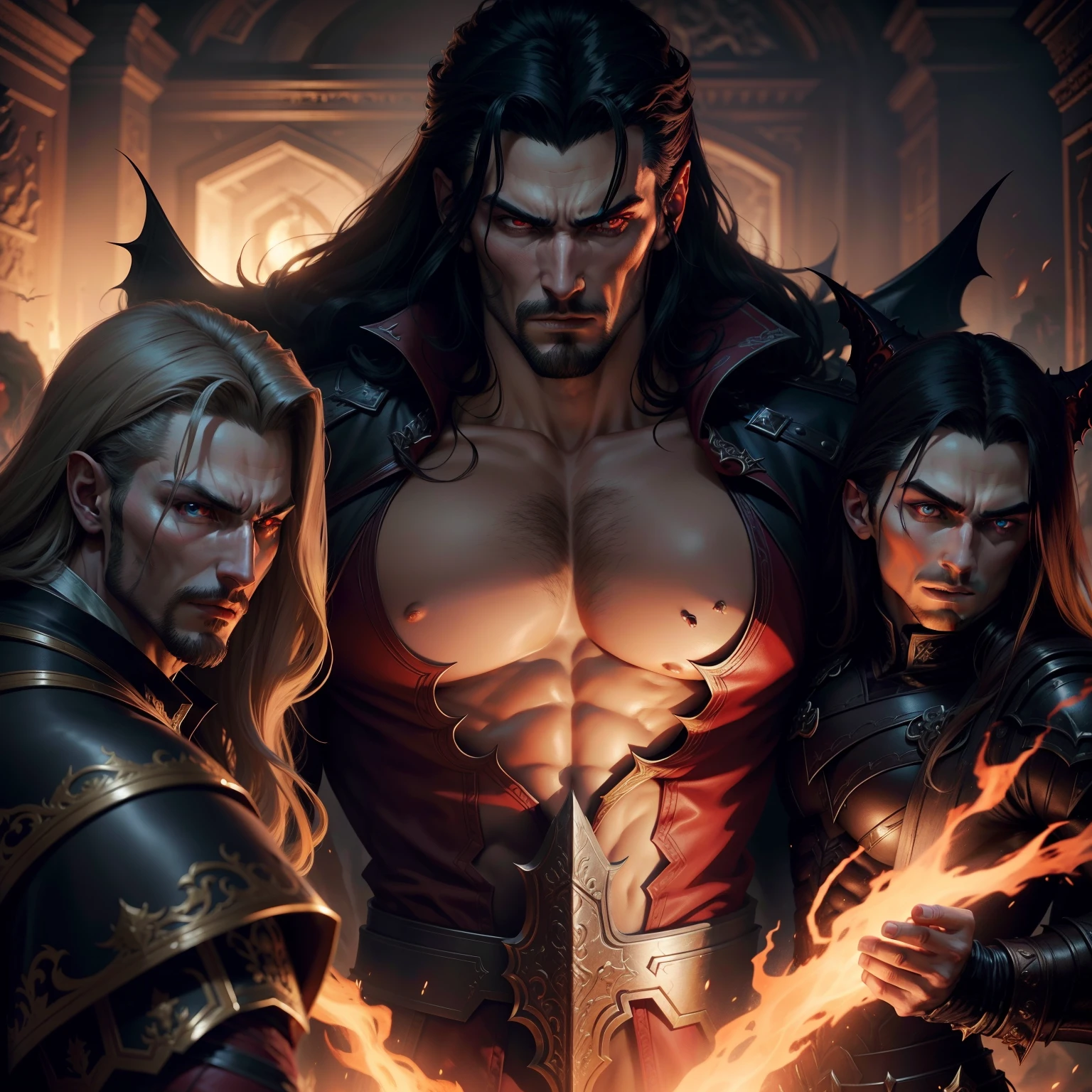 Castlevania Shadow Lord handsome muscular Lord Dracula leading troops armed with demons Highly detailed faces to hyper realistic war super detailed Super detailed dynamic pose Super detailed hyper realistic faces super detailed