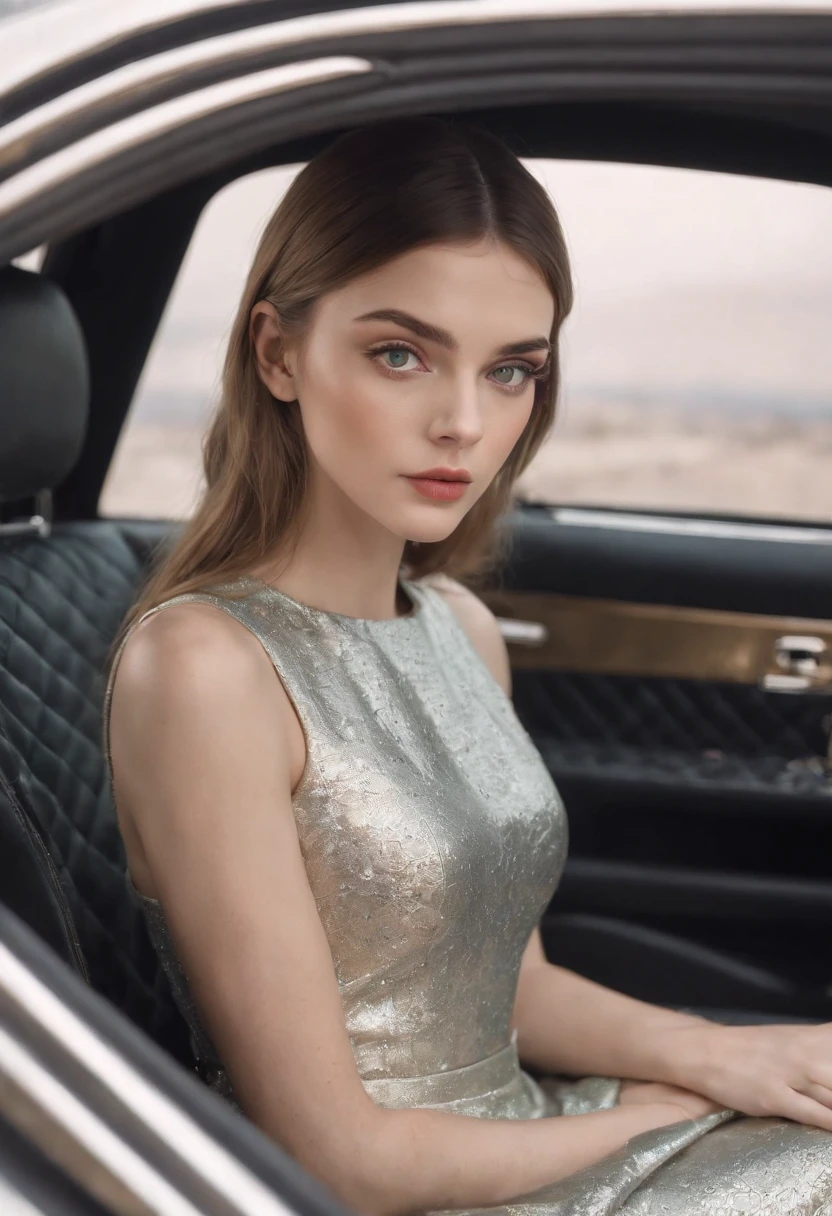 Embossed two elongated top models, 18 years old big green eyes, looking at the camera inside the elongated silver car, style: Chanel, surrealist, ultra definition, gold and black