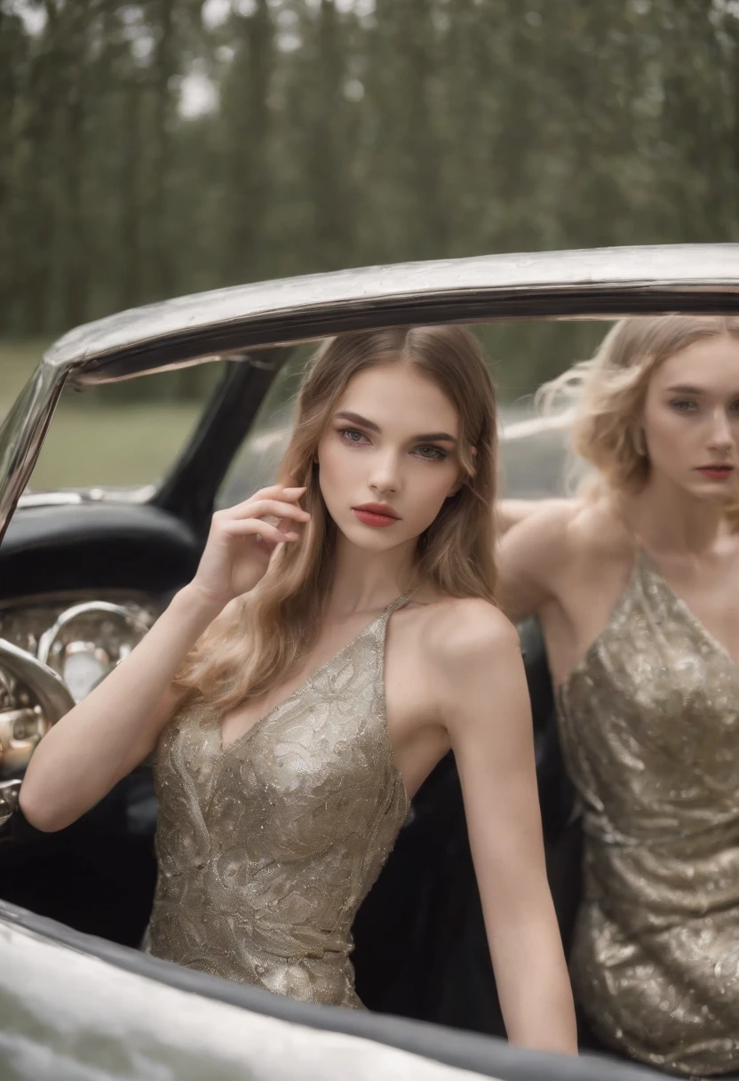 Embossed two elongated top models, 18 years old big green eyes, looking at the camera inside the elongated silver car, style: Chanel, surrealist, ultra definition, gold and black