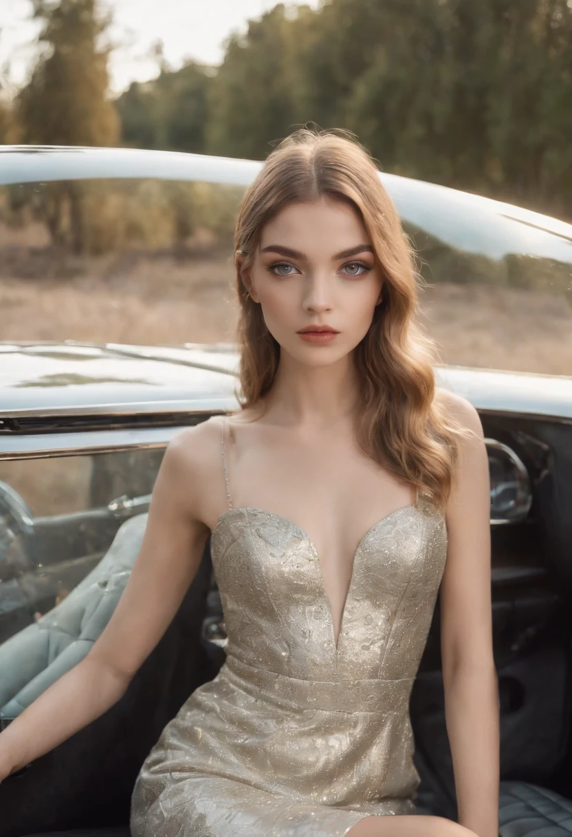 Embossed two elongated top models, 18 years old big green eyes, looking at the camera inside the elongated silver car, style: Chanel, surrealist, ultra definition, gold and black