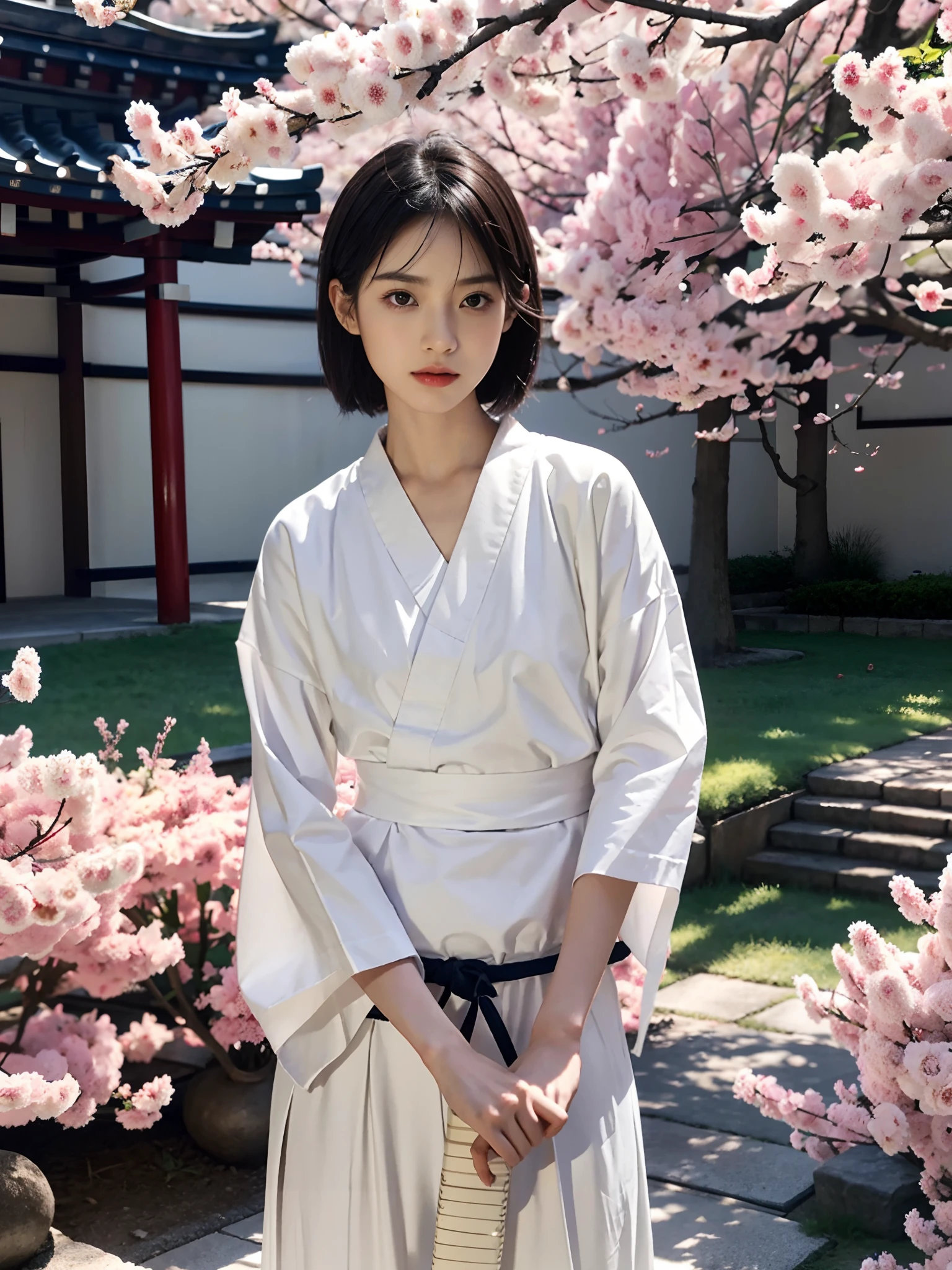 ((Small lower chest,Tomboyish,small heads)),  (short-length straighthair: 1.2), Black hair，Upper body,（极其细致的CG 8k壁纸），（Extremely refined and beautiful），（Masterpiece），（best qualtiy：1.0），（超高分辨率：1.0），beautiful light up，Perfect lightning，realistic shaded，[A high resolution]，Smooth and flawless fair skin，ultra - detailed ，(Small breasts:1.1)，Flat chest，Slim，emaciated，slender waist，serious，Mighty，（a seven quarter sleeved white kendogi:1.1），（maxi red kendo hakama：1.1），white short socks, geta，spring,night，In front of a tall giantic Japanese castle，sakura blooms，standing，outside，Tree-lined roadsides，Close-up，(a long samurai katana in hands:1.2)