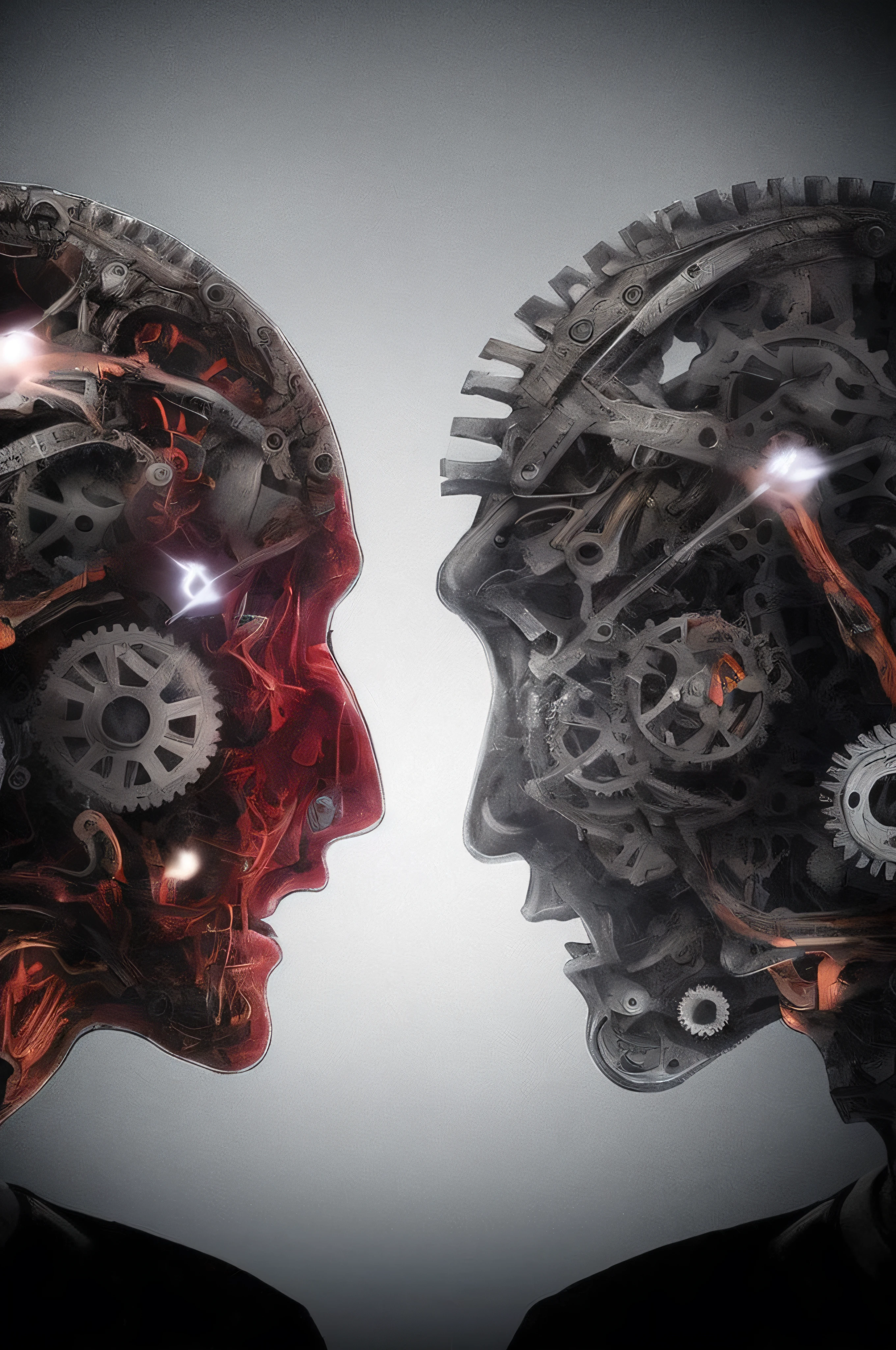 two people with gears in their heads facing each other, looking at each other mindlessly, facing each other, face to face, cognitive cohesion coherence, cognition, whose mind is pure machinery, empathy machines, emotional conflict, duality, faces look at each other, two heads, endless collaboration with ai, intense knowledge, symmetric!!, facinating