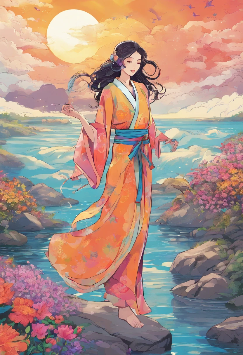 Spirit floating in pale shape, Woman in yukata with colorful flowers walking along the river. Her beautiful face and brightly colored glowing eyes. Dark night river、Illuminated in a fantastic way by the floating light of the spirits. Woman walking with hand lanterns illuminating her feet. Along the river at night with wildflowers blooming. Detailed drawing. Vivid colors. High image quality. --S 1000 --AR 4:5 - Rainbow 5
