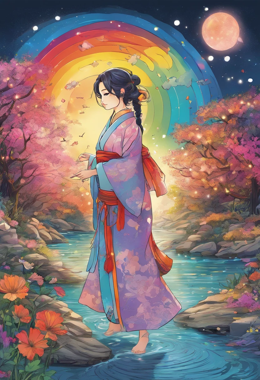 Spirit floating in pale shape, Woman in yukata with colorful flowers walking along the river. Her beautiful face and brightly colored glowing eyes. Dark night river、Illuminated in a fantastic way by the floating light of the spirits. Woman walking with hand lanterns illuminating her feet. Along the river at night with wildflowers blooming. Detailed drawing. Vivid colors. High image quality. --S 1000 --AR 4:5 - Rainbow 5