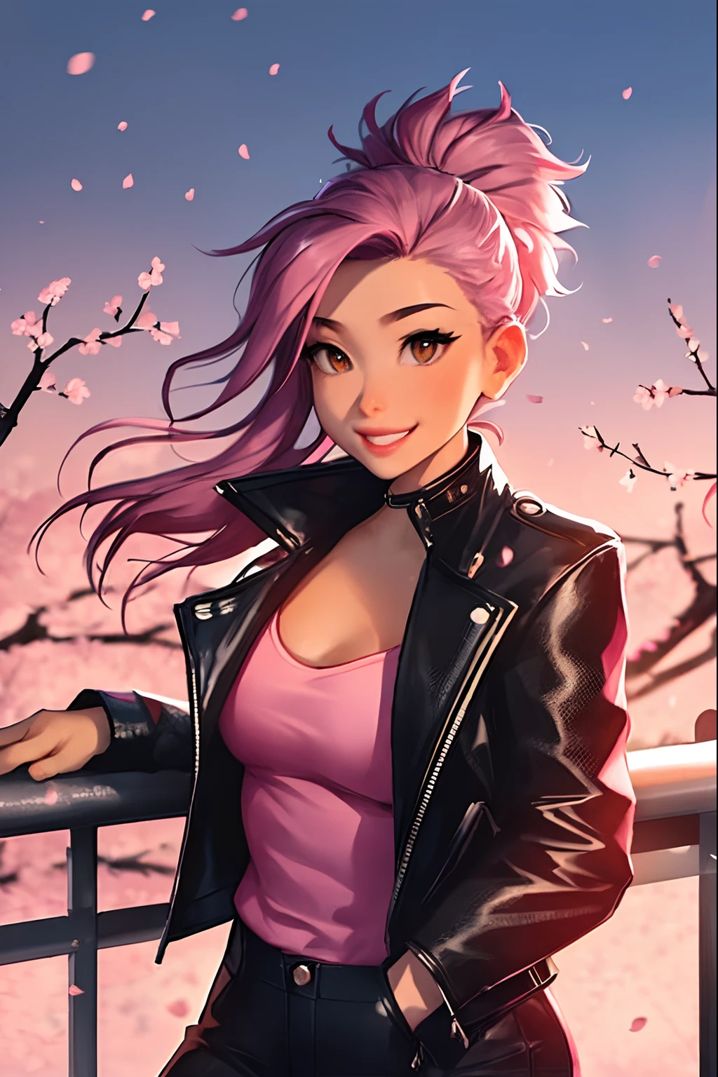sam yang, "1 girl, urban rooftop setting, hazel eyes, short, vibrant pink hair, city lights in the distance, cherry blossom branches against the skyline, confident smirk, leather jacket, night breeze, solo, ((masterpiece))."
