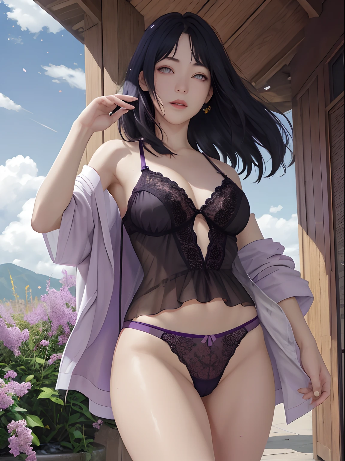 tmasterpiece， hoang lap， hyouka\（Boruto\）， woman， 独奏，Mature and sexy female，plumw，nabel， Purple lace lingerie，Sexy mature，with no underpants，with no underpants，with no underpants，pubes，pubes，pubes，pubes，pubes，Alvine，exteriors，Lavender flower field， looking at viewert， （Falling petals）， mostly cloudy sky， perfect compositions， Detailed lips，， beauitful face， Body support， Be red in the face， （redish pink lips）， long whitr hair， a purple eye， tear-mole，Soft gaze， Sad smile， Super realistic， A detailed， photoshoot，Realistick faces and bodies， photo-realistic hair， photorealistic eye，realistic nose，realistic lips