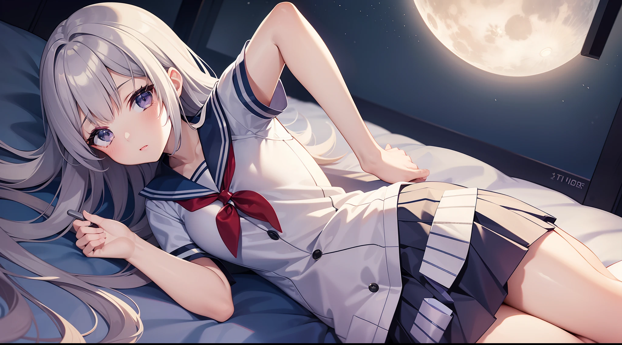 High school girl in miniskirt and sailor suit in infirmary until midnight、a moon、stele