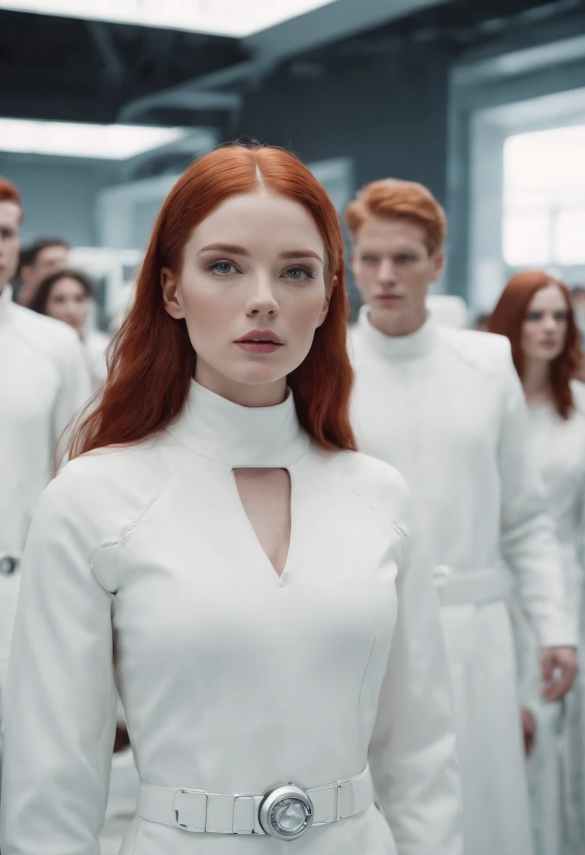 film still, a cult which people have to have red hair and wear all white, gathering in a futuristic lab, sci-fi style, crowds of people, minimalistic, 32k