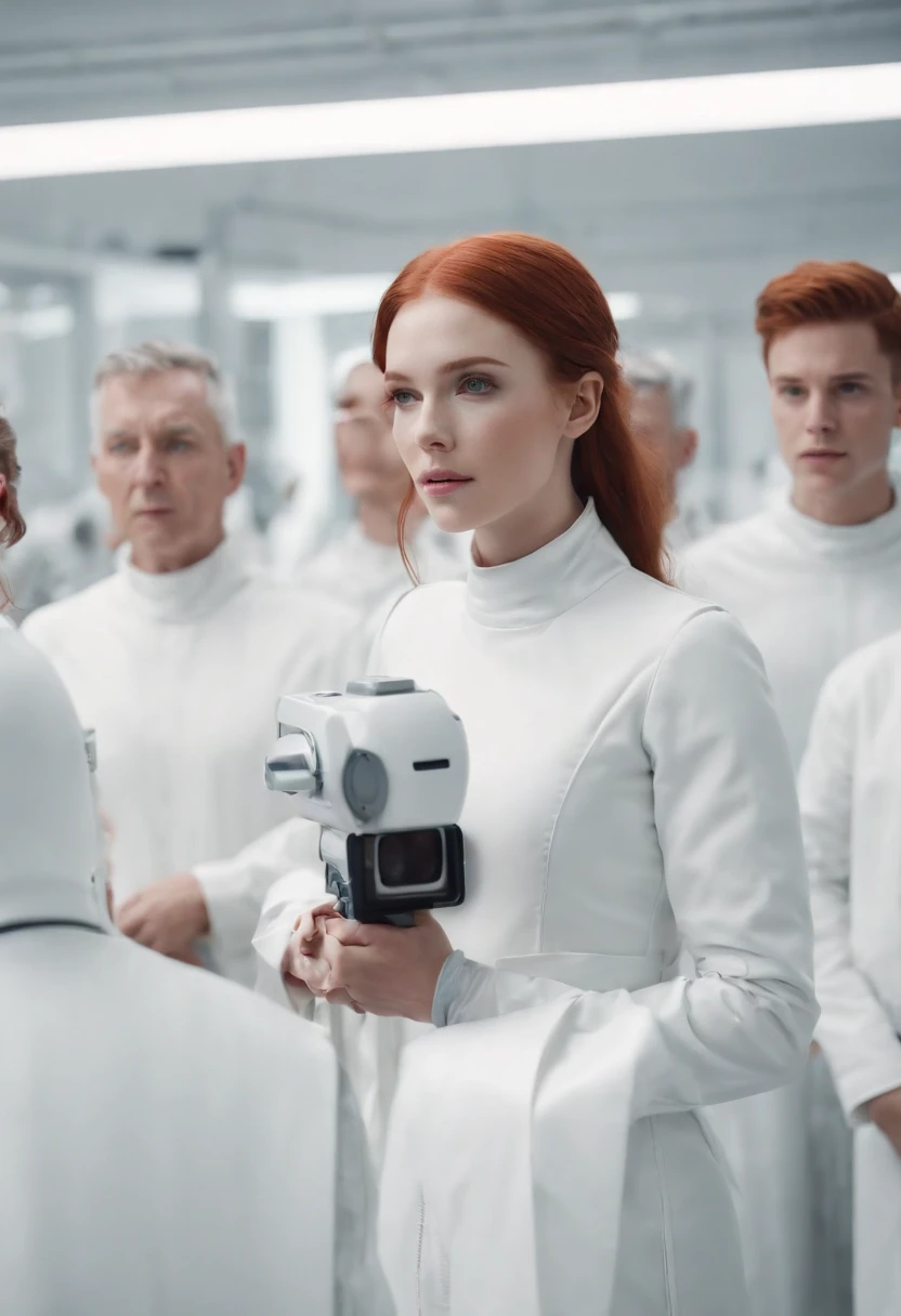 film still, a cult which people have to have red hair and wear all white, gathering in a futuristic lab, sci-fi style, crowds of people, minimalistic, 32k