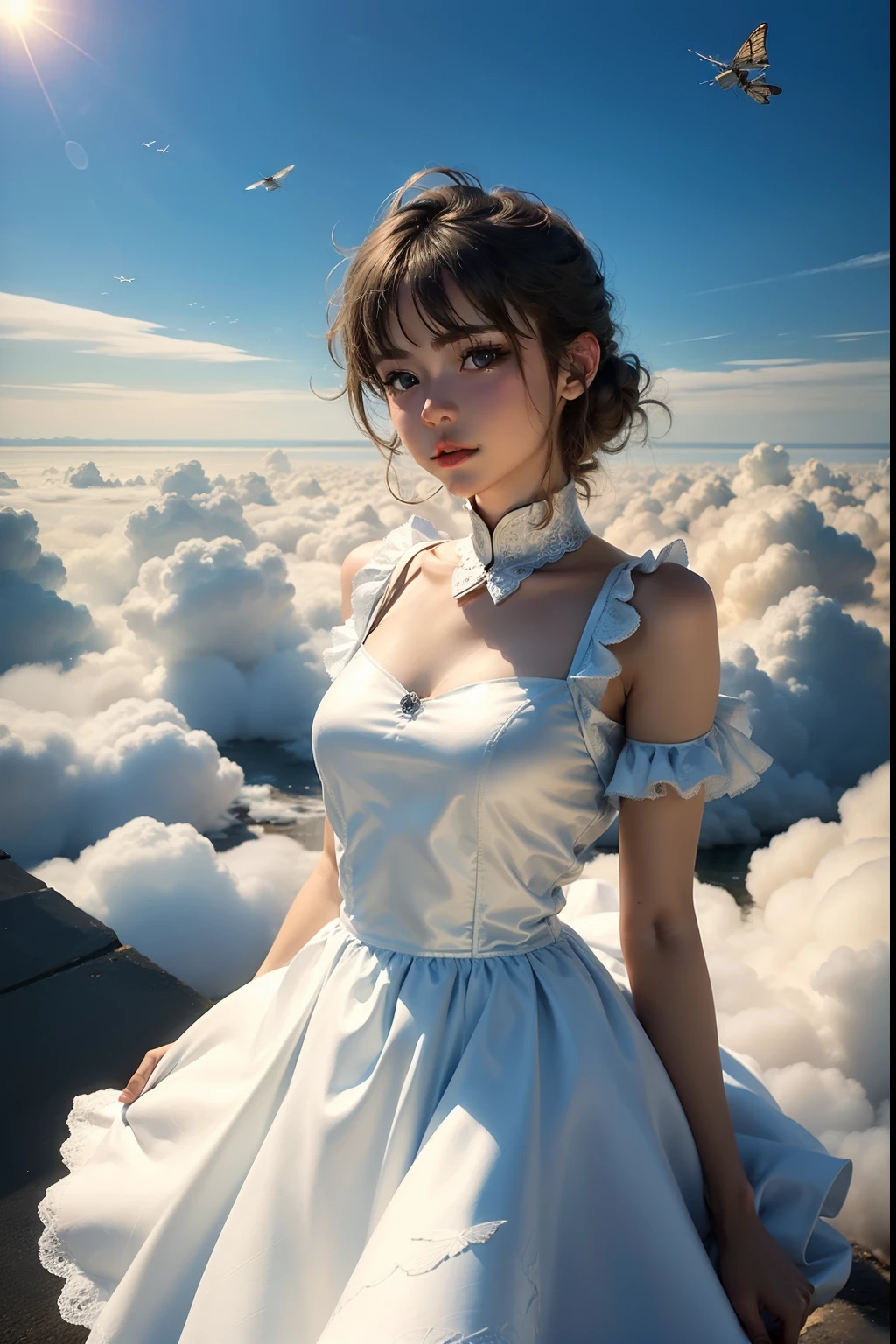 Clouds,(((Girl))),(((Fly to the clouds))),Wearing dress,cleanness,Glass texture,Standing in the clouds