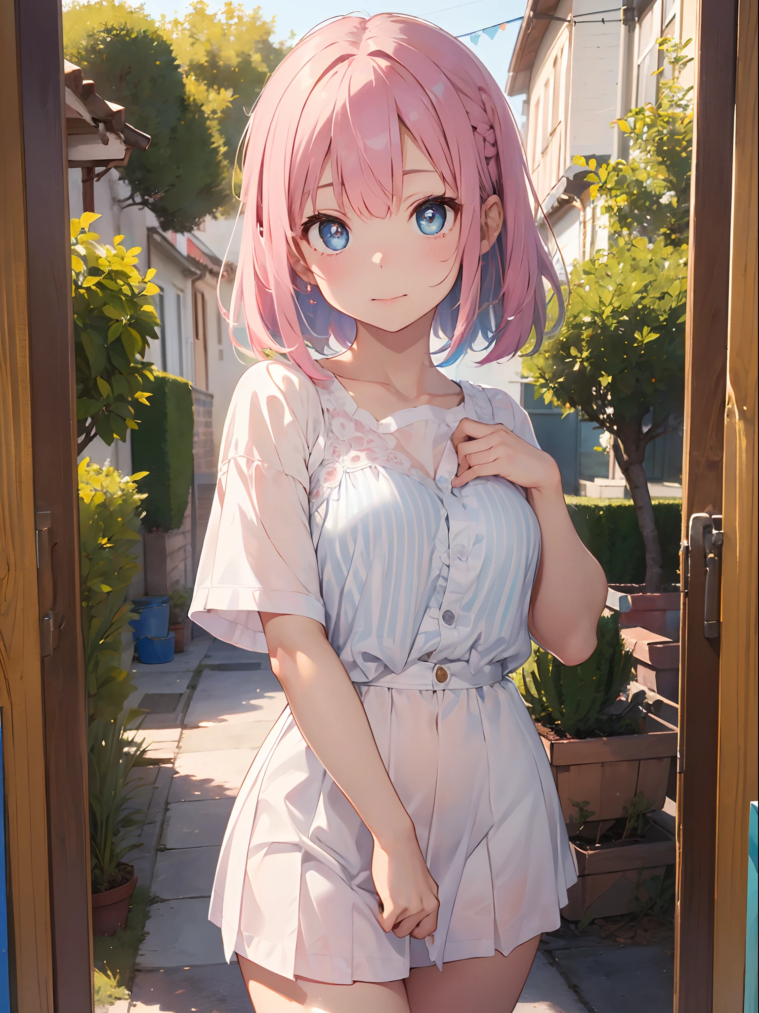(masterpiece), (top-quality), Top quality ultra-detailed CG art、Upper body naked、(pupils on:1.2)Pink head、Glossy hair、smooth hair、large blue eyes,Mid summer、Delicate body、cheerful girl、Tying hair、、bob cuts、vertical stripes、Art Room、Painting、student clothes、shortsleeves、a miniskirt、