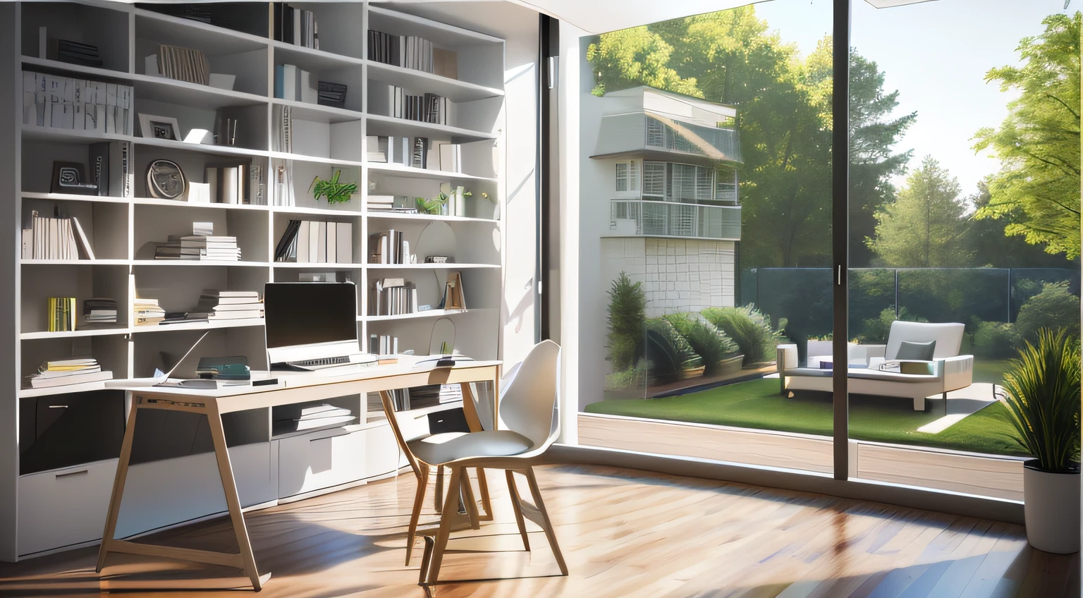 Renderings of a home office with desk and bookcase, home office interior, home office, archviz, minimalist home office, floor - to - ceiling windows, archviz, Large windows, elegant study, professional render, archviz, small library, V-Ray rendering, v - ray render, vray 4k render, big glass window