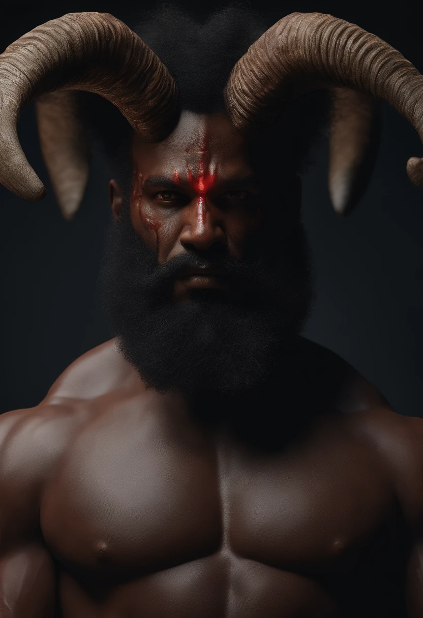 closeup of a black man with a beard and horns, red skin, strong, hairy, demon, tiefling, evil, 8k portrait rendering, detailed face and body, photoreal, unreal octane rendering 5. rpg portrait, 4k concept art and hyper realism, Arnold Maya render, cinematic realistic portrait, unreal engine character art, Daniel Maidman Octane rendering, highly detailed thick beard, hyper real rendering, black octane rendering, strange, spooky, Nightmare, very disturbing cores, lights particles , bright light, Mshiff, Wallpaper art, UHD wallpaper, art by greg rutkosky